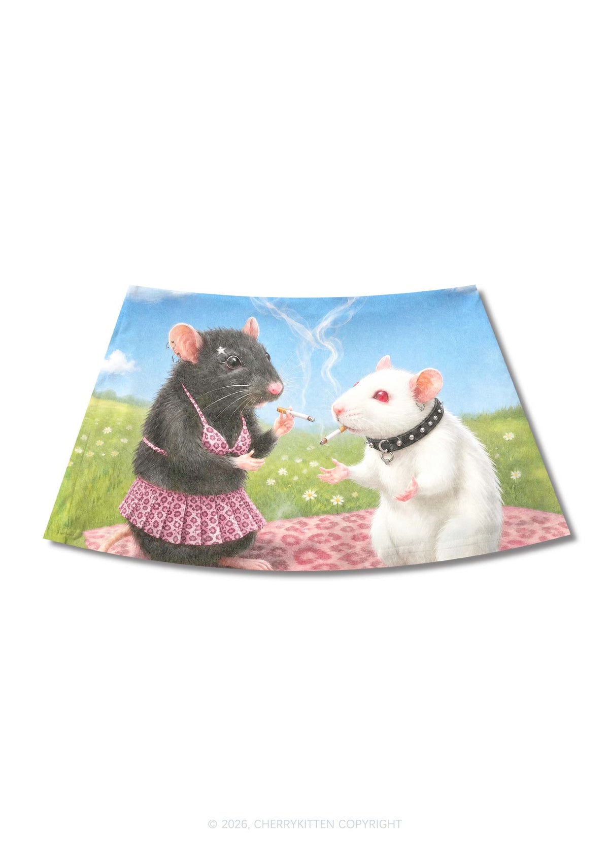 Two Punk Rats Smoking Y2K Print Mini Skirt Cherrykitten