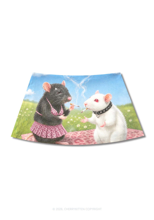 Two Punk Rats Smoking Y2K Print Mini Skirt Cherrykitten