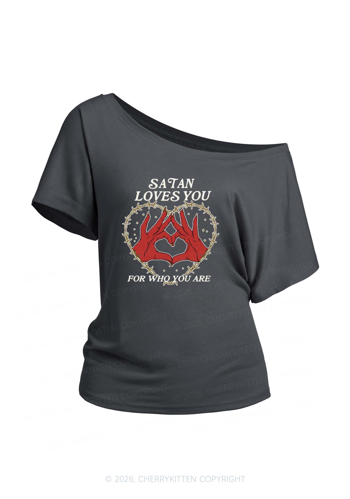 Satan Loves You Heart Halloween Y2K Off Shoulder Tee Cherrykitten