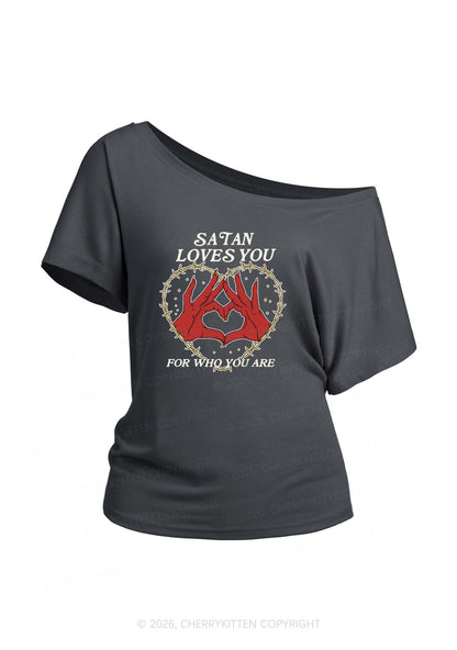 Satan Loves You Heart Halloween Y2K Off Shoulder Tee Cherrykitten
