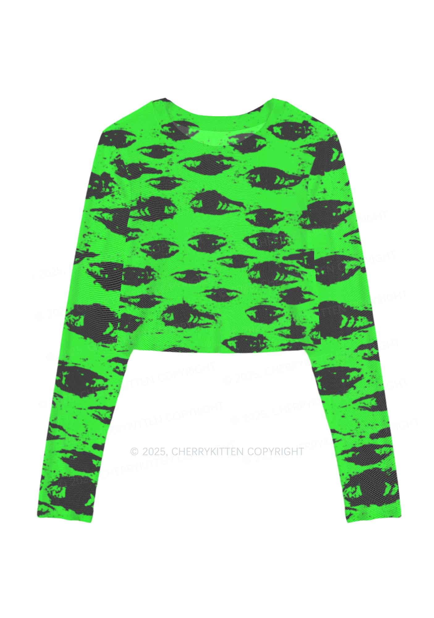 Eyes On Bright Green Y2K Mesh Long Sleeve Crop Top Cherrykitten