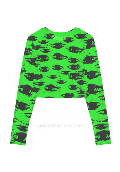 Eyes On Bright Green Y2K Mesh Long Sleeve Crop Top Cherrykitten