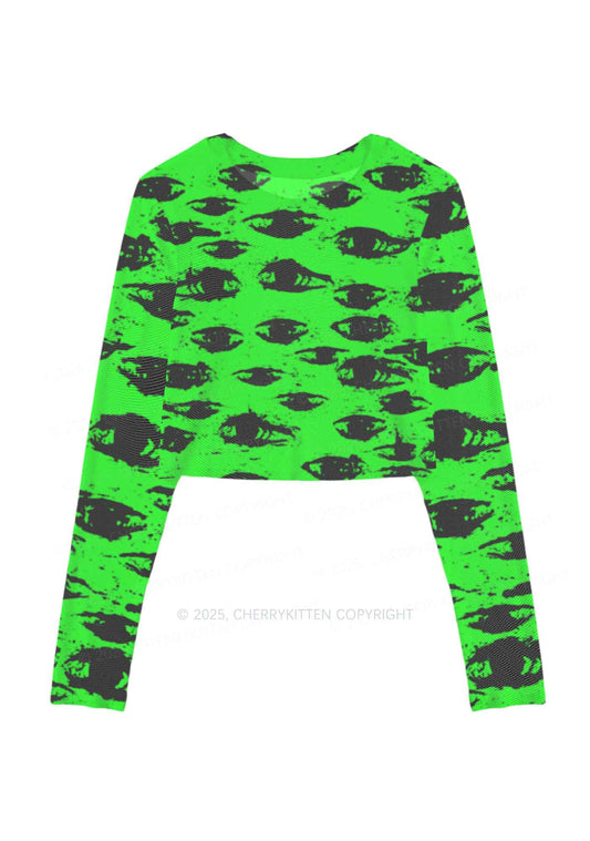 Eyes On Bright Green Y2K Mesh Long Sleeve Crop Top Cherrykitten