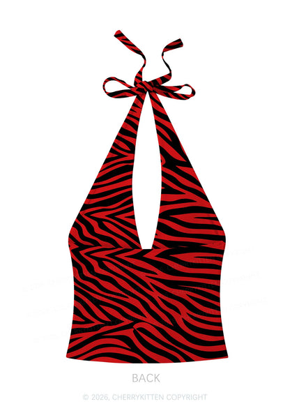 Halloween Red Zebra Stripe Y2K Print Halter Deep V Neck Cami Cherrykitten