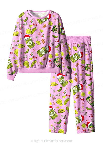 Christmas Santa Pickle Y2K Fleece Long Sleeve Pajama Set Cherrykitten