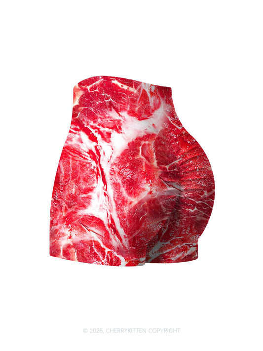 Beef Steak Texture Y2K Print Yoga Shorts Cherrykitten