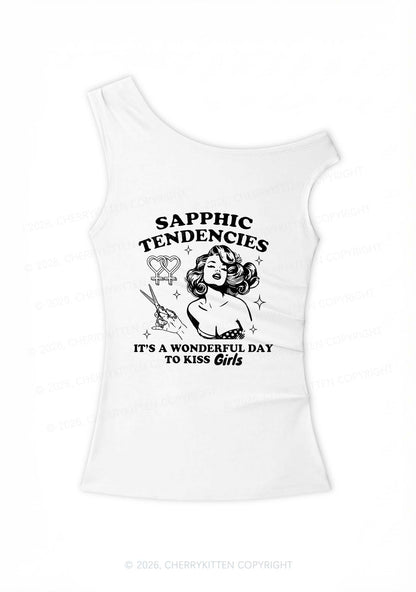 Sapphic Tendencies Kiss Girls Pride Y2K Off Shoulder Tank Top Cherrykitten