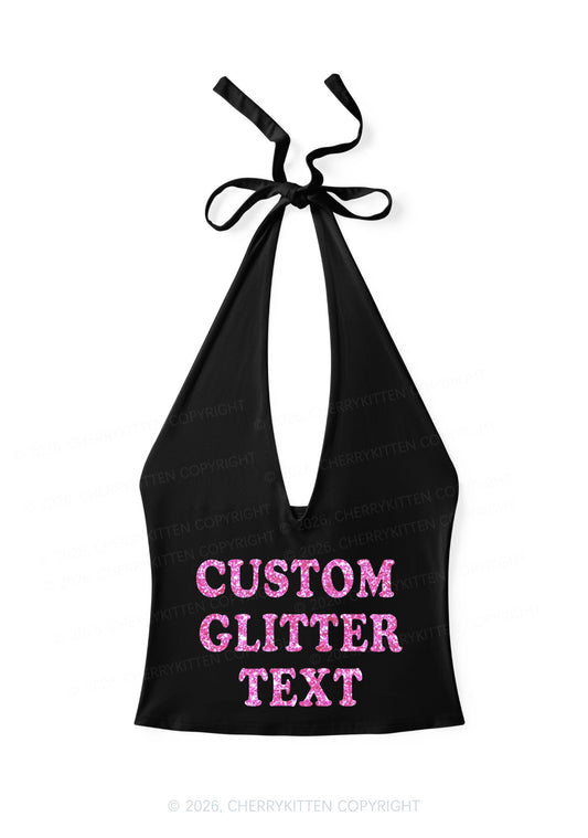 Custom Text Glitter Y2K Halter Deep V Neck Cami Cherrykitten