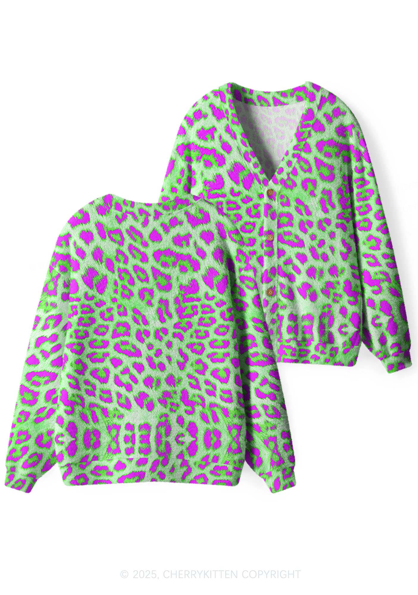Green Leopard Y2K Christmas Cardigan Knit Sweatshirt Cherrykitten