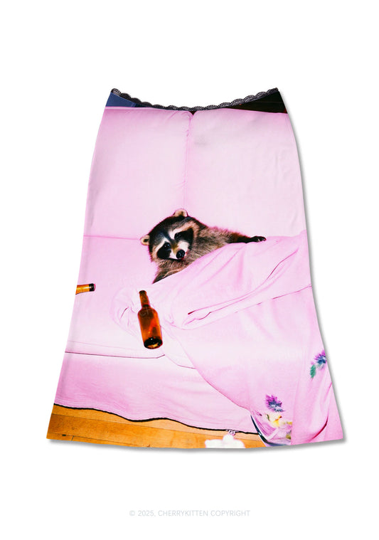 Pink Couch Raccoon Y2K Print Midi Skirt Cherrykitten