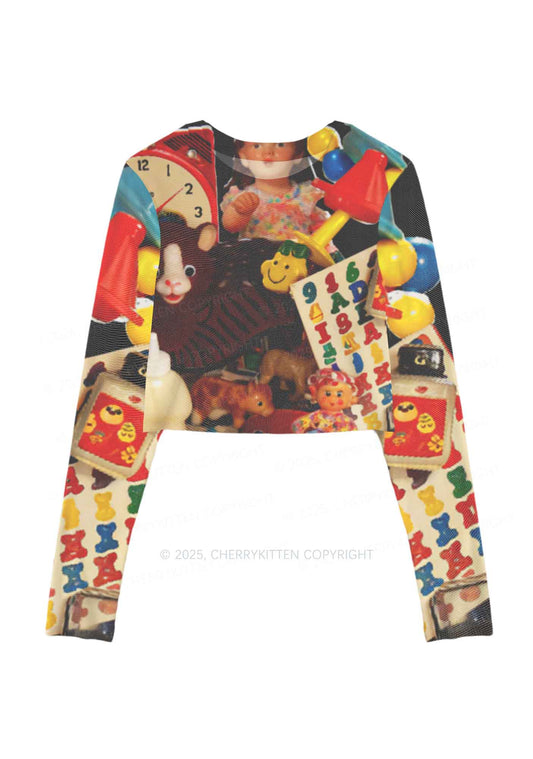 Nostalgic Childhood Y2K Mesh Long Sleeve Crop Top Cherrykitten