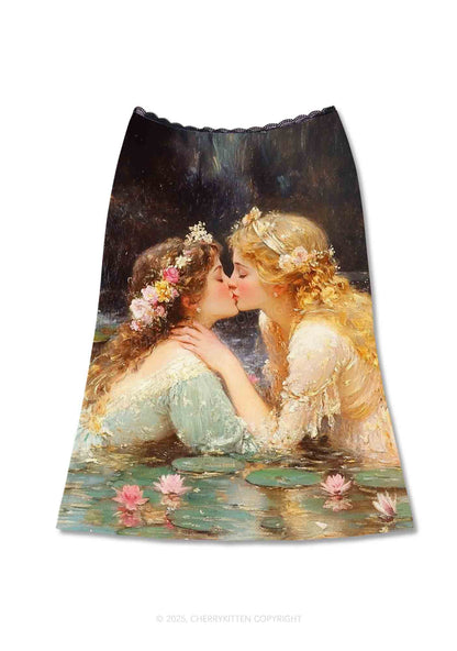 Romantic Kissing Girls Pride Y2K Print Midi Skirt Cherrykitten
