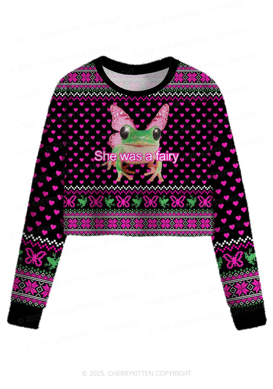 Fairy Frog Y2K Christmas Crop Knit Sweatshirt Cherrykitten