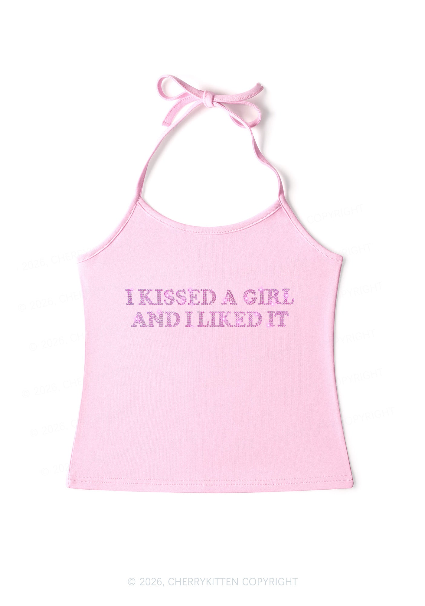 Rhinestone I Kissed A Girl Pride Y2K Halter Neck Cami Cherrykitten