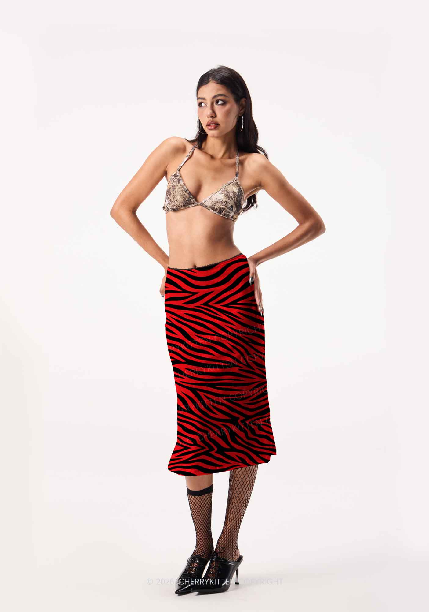 Halloween Red Zebra Stripe Y2K Print Midi Skirt Cherrykitten