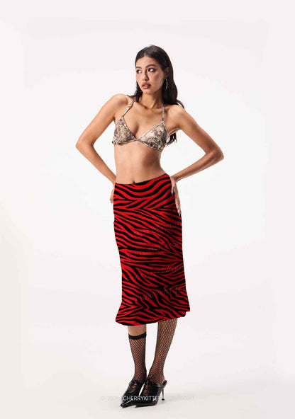 Halloween Red Zebra Stripe Y2K Print Midi Skirt Cherrykitten