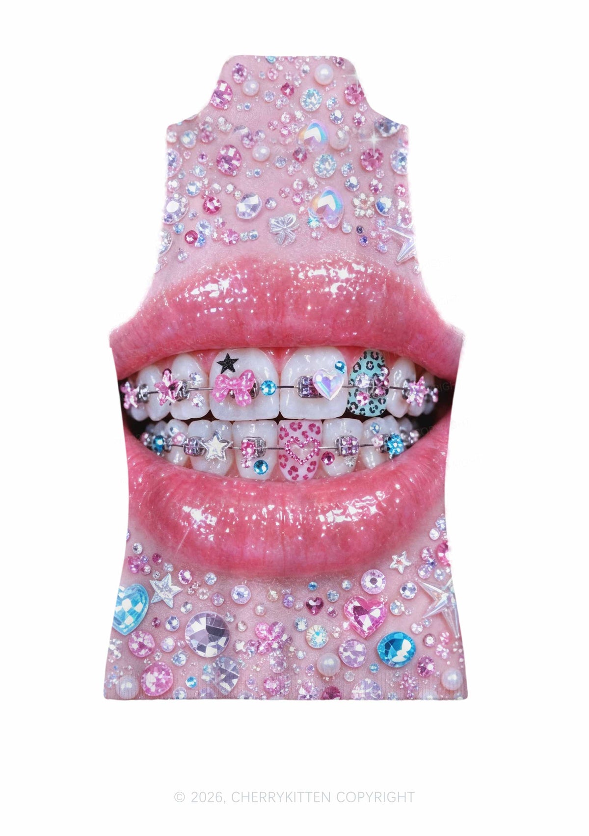 Sparkle Braced Mouth Art Y2K Knit Turtleneck Tank Top Cherrykitten