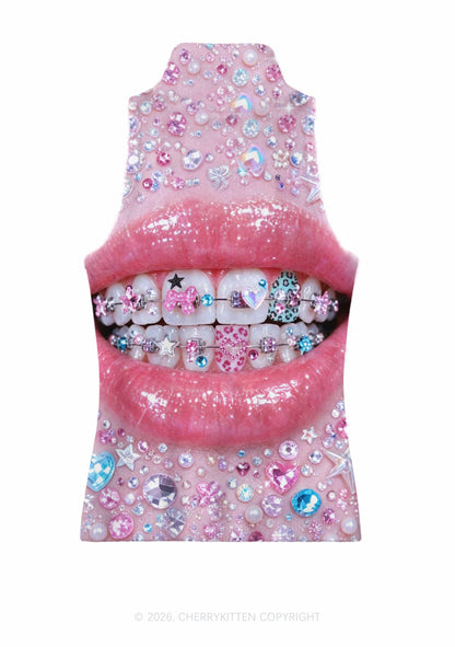 Sparkle Braced Mouth Art Y2K Knit Turtleneck Tank Top Cherrykitten