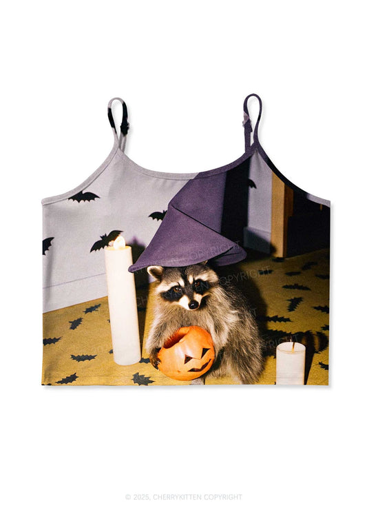 Halloween Witch Hat Raccoon Y2K Print Cami Crop Top Cherrykitten