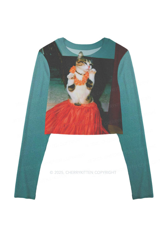 Dancing Cat Y2K Mesh Long Sleeve Crop Top Cherrykitten