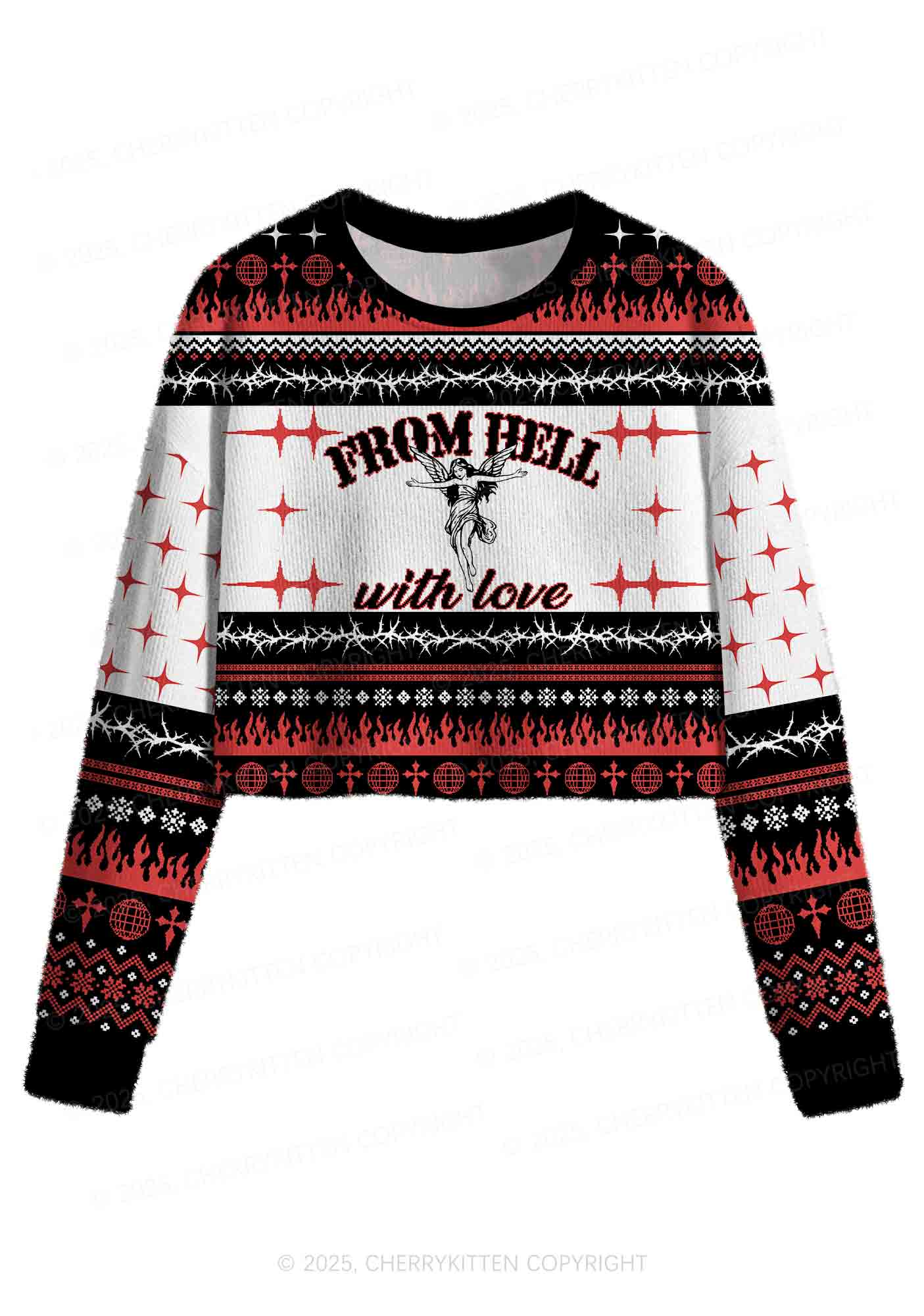 From Hell With Love Y2K Christmas Crop Knit Sweatshirt Cherrykitten