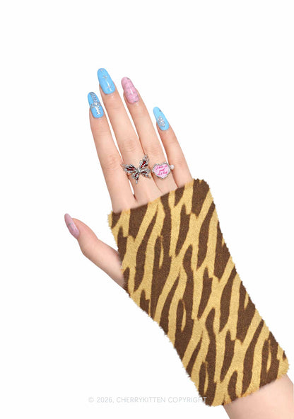 Khaki Tiger Stripe Y2K Print Fuzzy Arm Warmers Cherrykitten