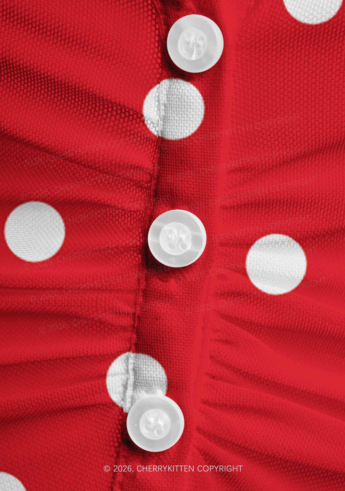 Classic Red Dots Y2K Mesh Ruched  Waist  V Neck Top Cherrykitten
