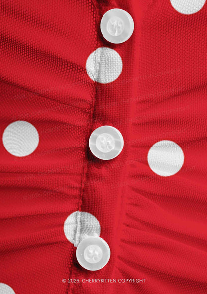 Classic Red Dots Y2K Mesh Ruched  Waist  V Neck Top Cherrykitten