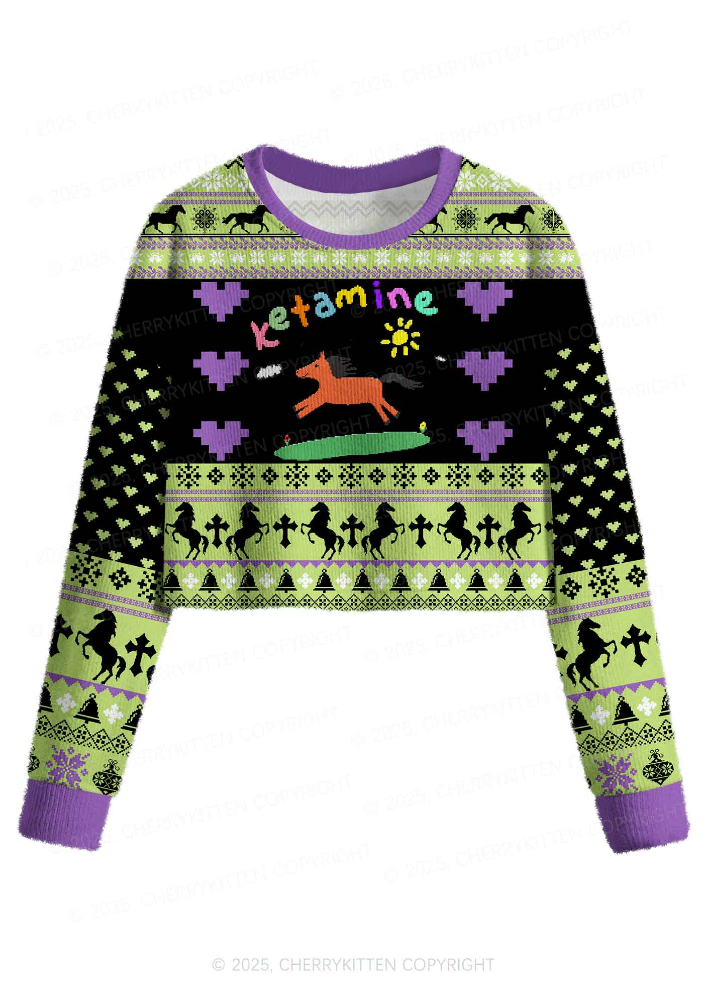Green K Pony Y2K Christmas Crop Knit Sweatshirt Cherrykitten