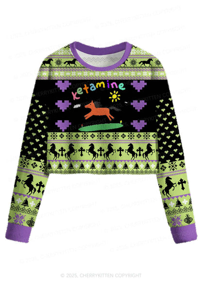 Green K Pony Y2K Christmas Crop Knit Sweatshirt Cherrykitten