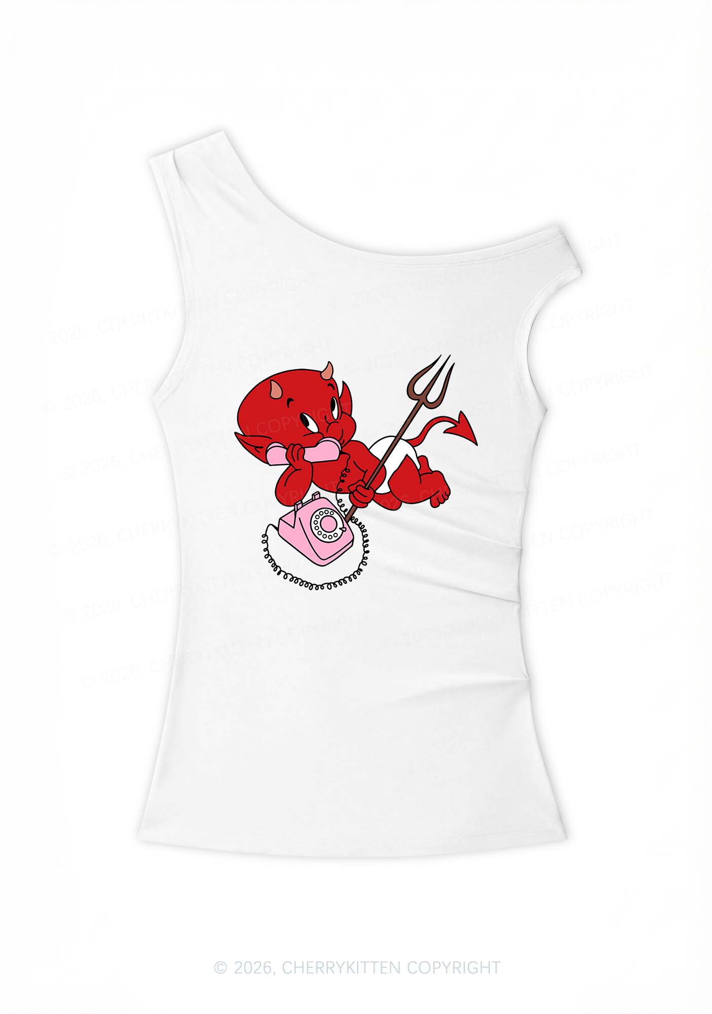 Little Devil On The Phone Y2K Off Shoulder Tank Top Cherrykitten