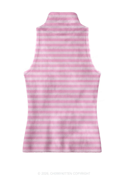 Hot Pink White Stripes Y2K Knit Turtleneck Tank Top Cherrykitten