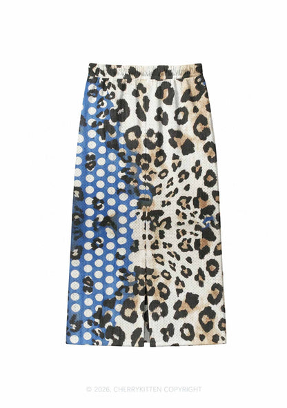 Leopard And Blue Dots Y2K Sport Jersey Drawstring Midi Skirt Cherrykitten
