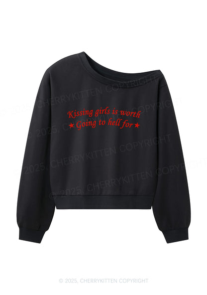 Kissing Girls is Worth Pride Y2K Off Shoulder Sweatshirts Cherrykitten