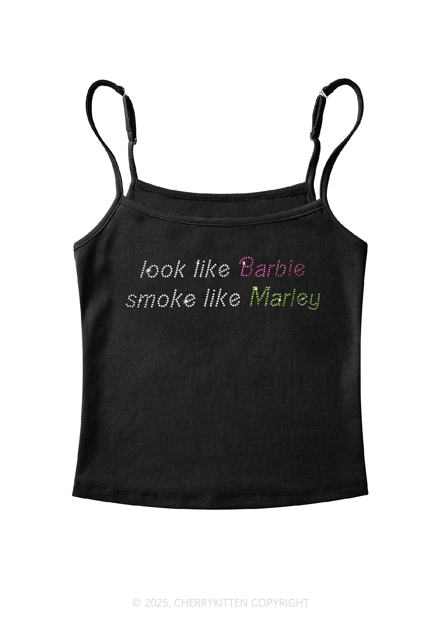 Rhinestone Smoke Like Marley Y2K Spaghetti Strap Cami Cherrykitten