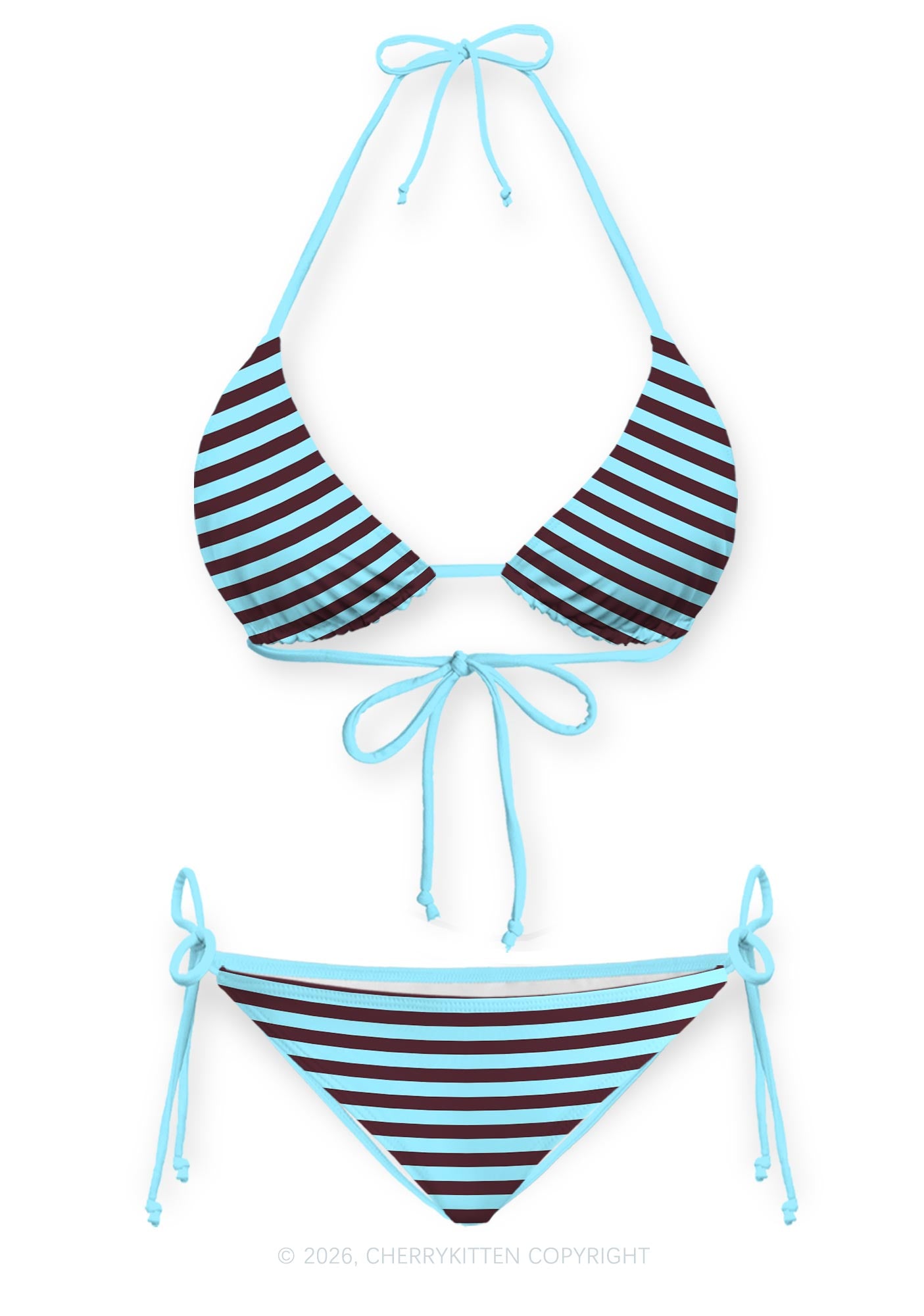 Blue Brown Stripes Y2K Print Bikini Set Cherrykitten