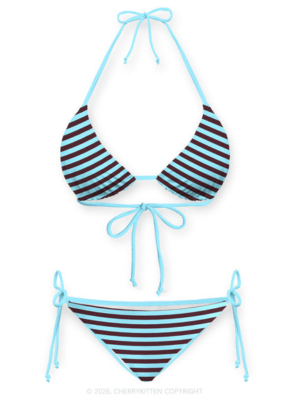 Blue Brown Stripes Y2K Print Bikini Set Cherrykitten