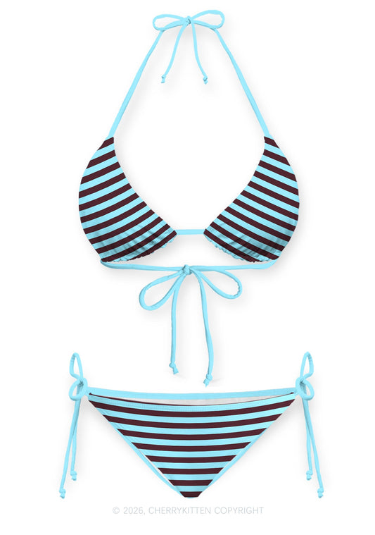 Blue Brown Stripes Y2K Print Bikini Set Cherrykitten
