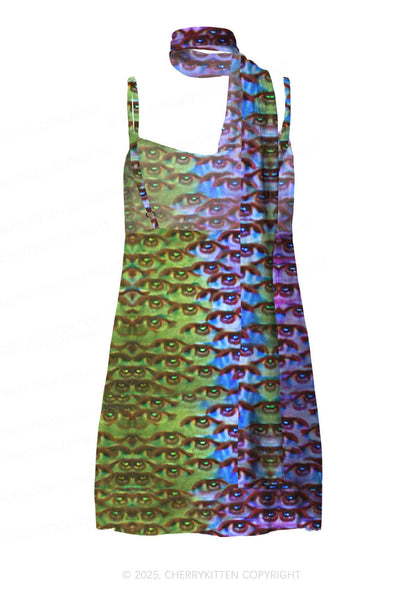 Halloween Spectrum Eyes Y2K Mesh Slip Dress Cherrykitten