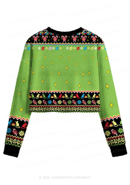 Overstimulated But Festive Y2K Christmas Crop Knit Sweatshirt Cherrykitten