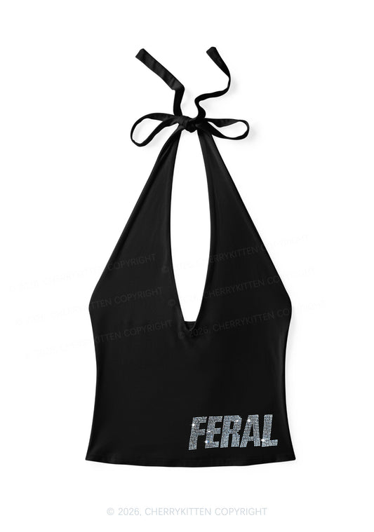 Rhinestone Feral Y2K Halter Deep V Neck Cami Cherrykitten