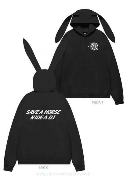 Ride A DJ Y2K Bunny Ear Zip Hoodie Cherrykitten