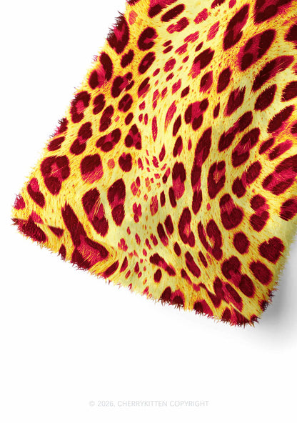 Yellow And Burgundy Leopard Y2K Print Fuzzy Straight Leg Warmers Cherrykitten