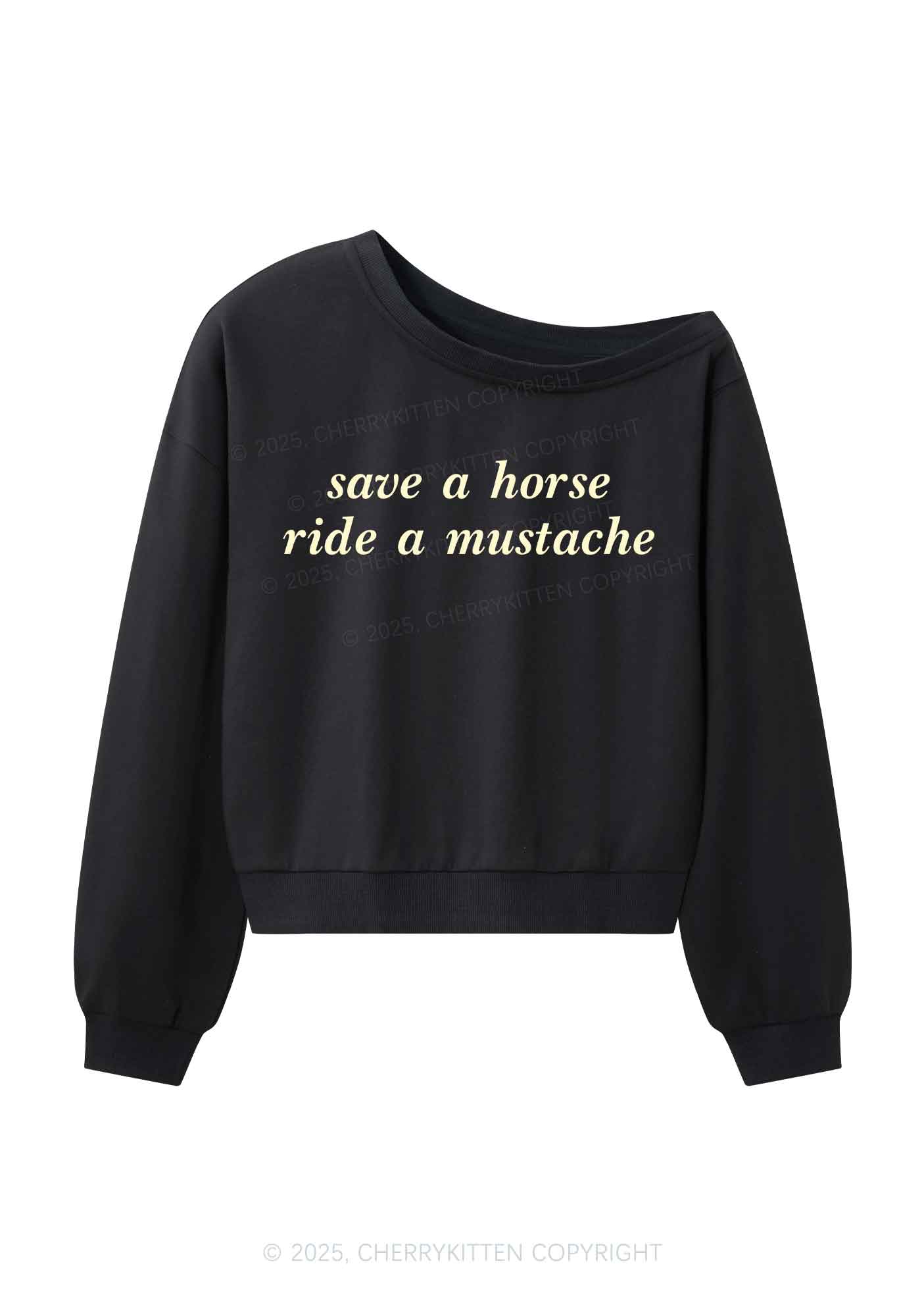 Ride A Mustache Y2K Off Shoulder Sweatshirts Cherrykitten
