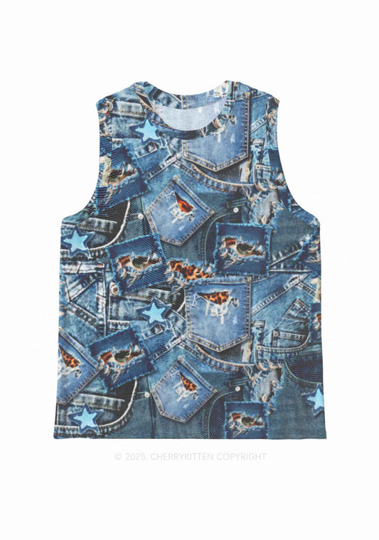 Denim Patchwork Y2K Mesh Muscle Tank Cherrykitten