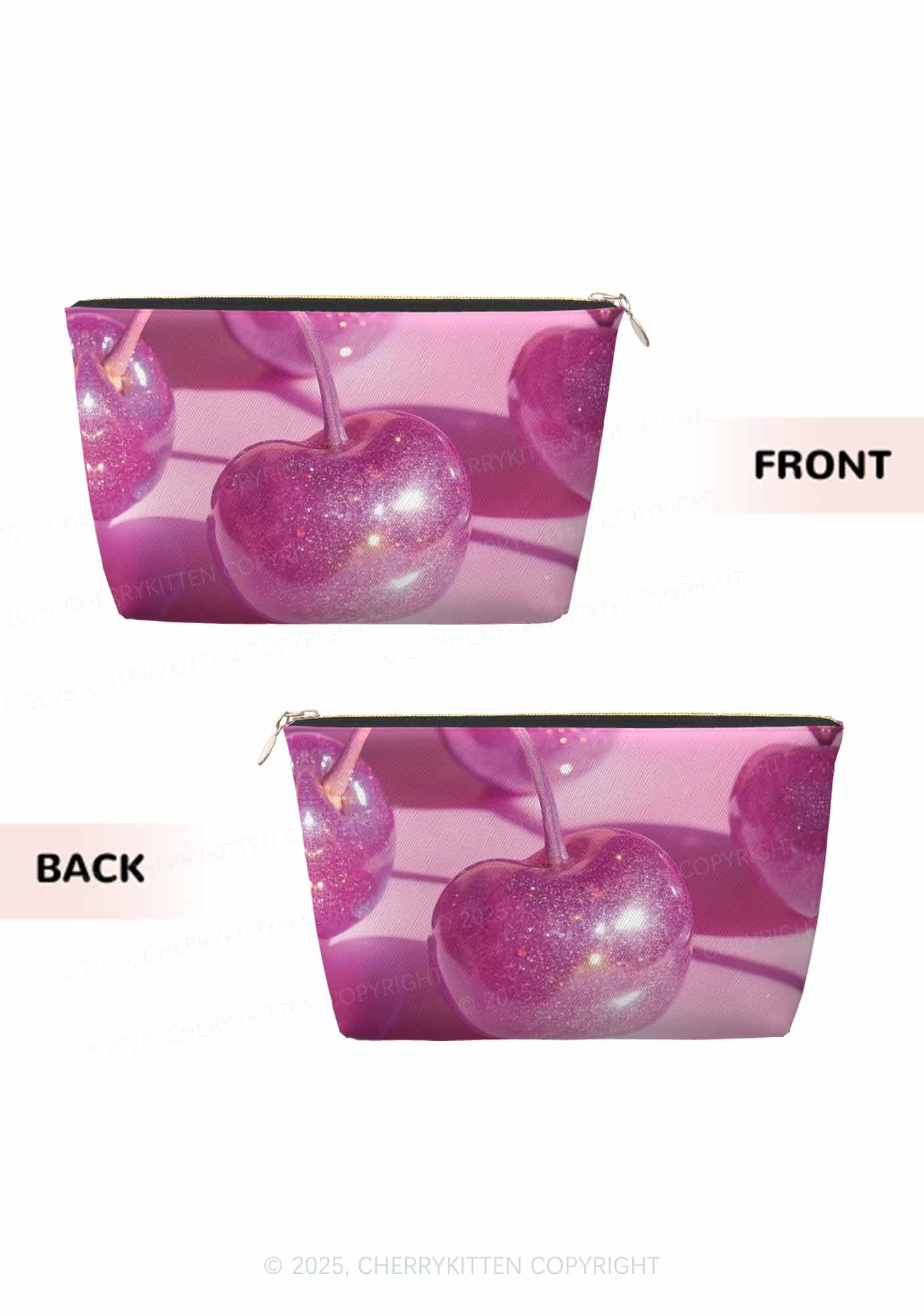 Glitter Pink Cherry Y2K Leather Makeup Bag Cherrykitten