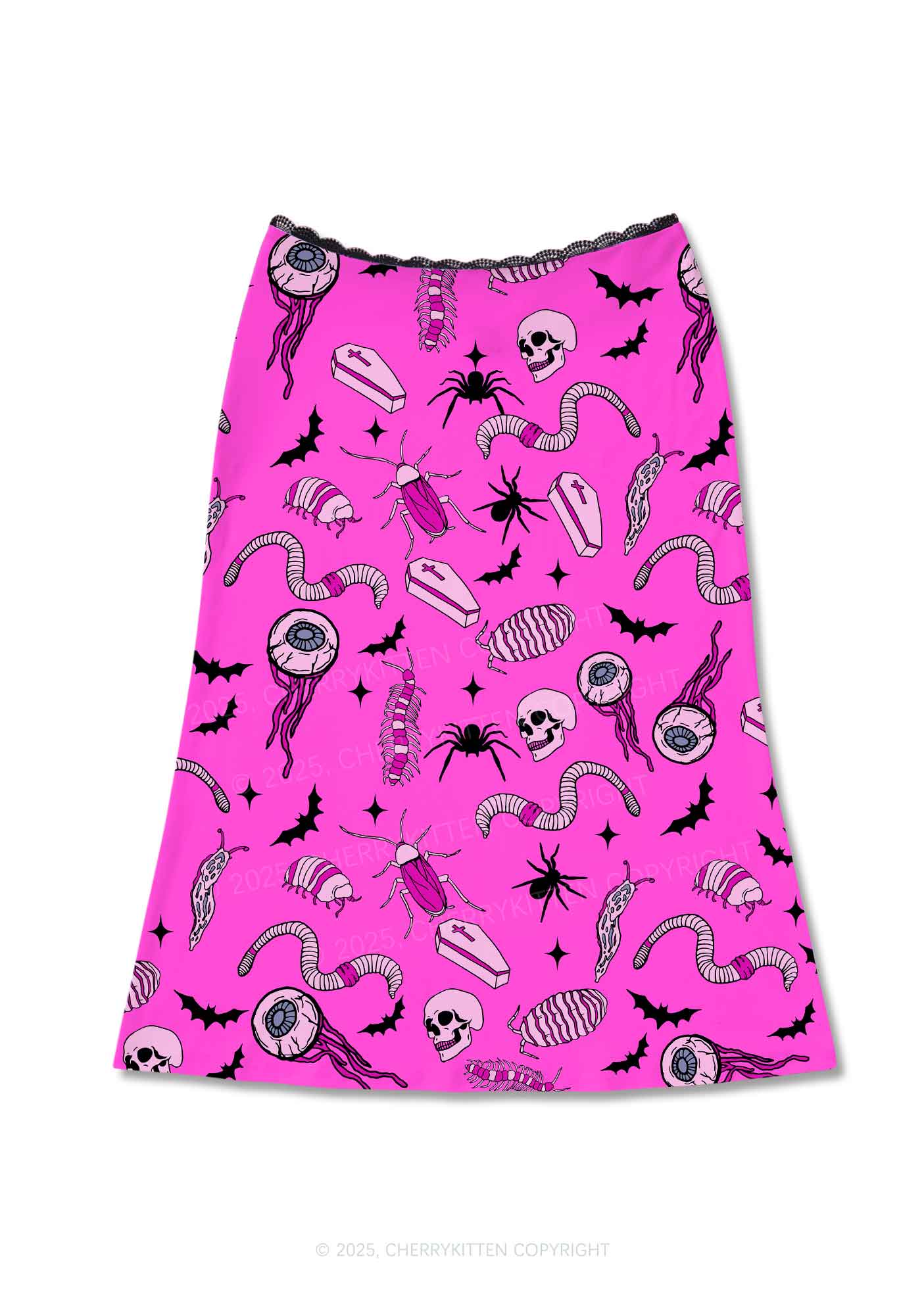 Halloween Goth Pink Party Y2K Print Midi Skirt Cherrykitten