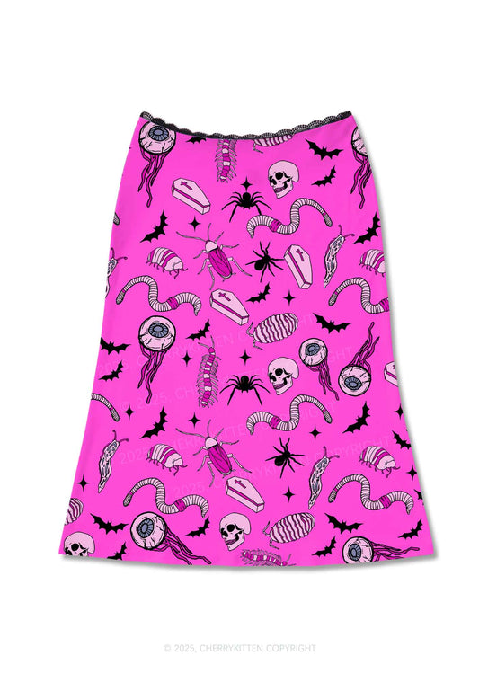 Halloween Goth Pink Party Y2K Print Midi Skirt Cherrykitten