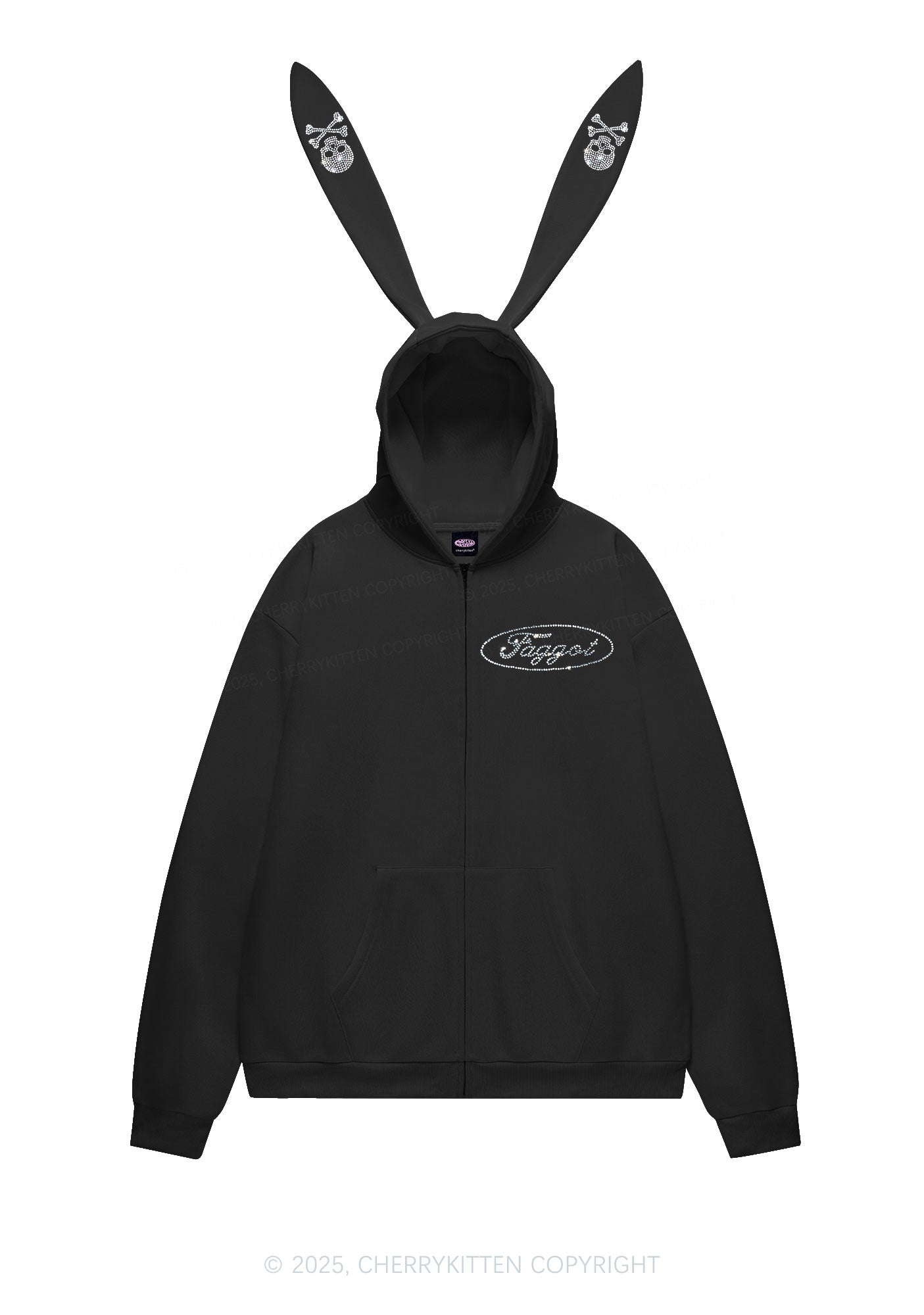 Rhinestone Faggot Pride Y2K Bunny Ear Zip Hoodie Cherrykitten