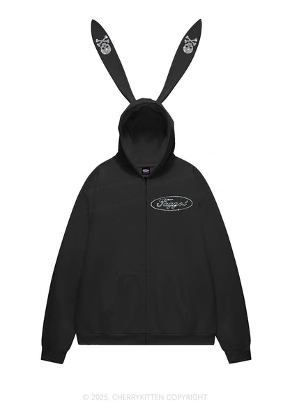 Rhinestone Faggot Pride Y2K Bunny Ear Zip Hoodie Cherrykitten